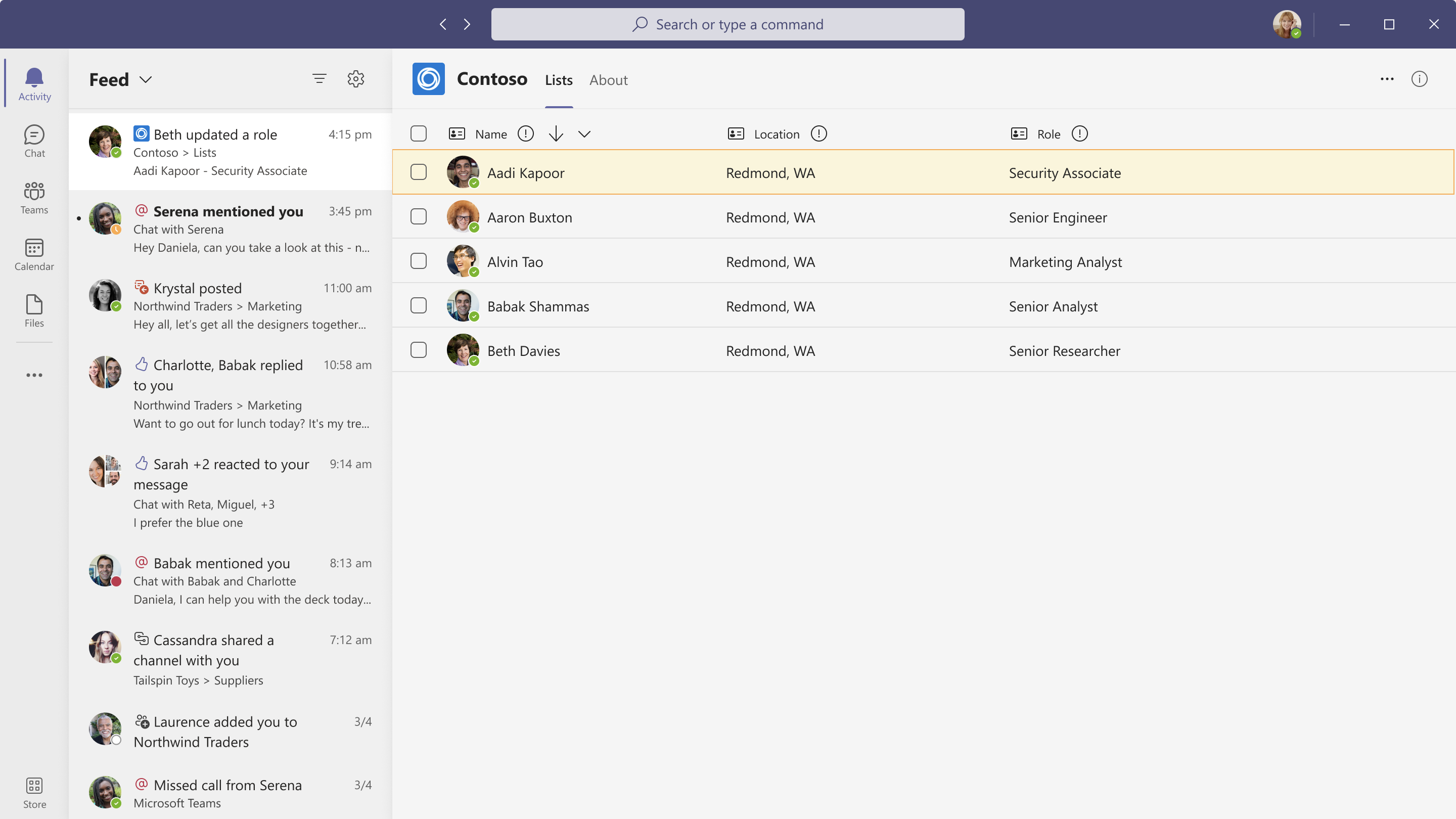 Captura de tela de um aplicativo do Teams mostrando o modo de exibição de notificação do feed de atividades.
