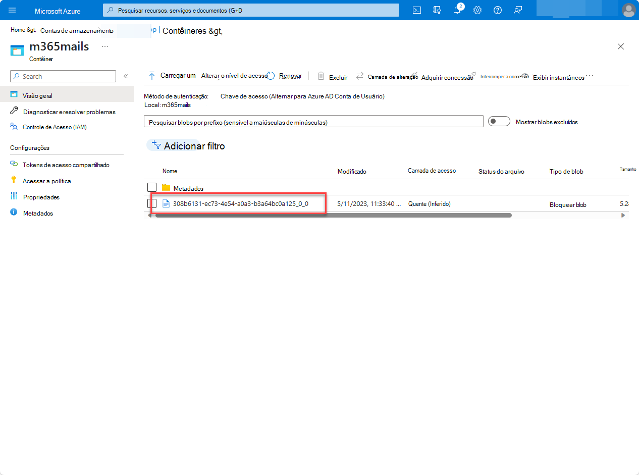 Uma captura de tela da interface do usuário do portal do Azure que mostra o arquivo recém-criado no contêiner de Armazenamento do Azure.