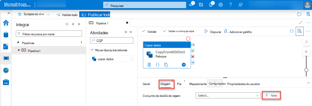 Uma captura de tela da página de integração com Origem e Novo destacados.