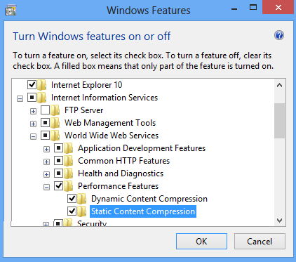 Captura de tela da caixa de diálogo Recursos do Windows. O recurso Compactação de conteúdo estático é realçado.