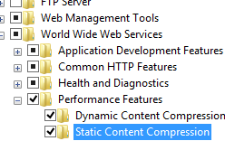 Captura de tela do painel Recursos de Desempenho e Web da World Wide expandido mostrando compactação de conteúdo dinâmico e compactação de conteúdo estático selecionada.