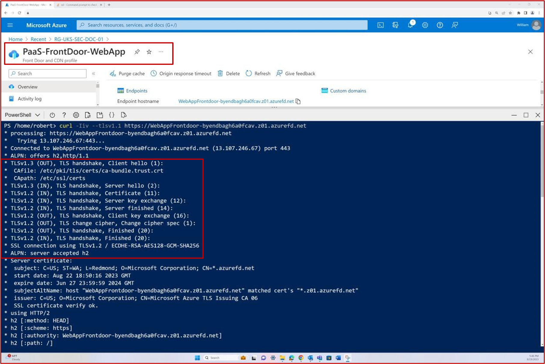 Linhas de código do PowerShell do aplicativo Web do Azure para PaaS-FrontDoor-WebApp.