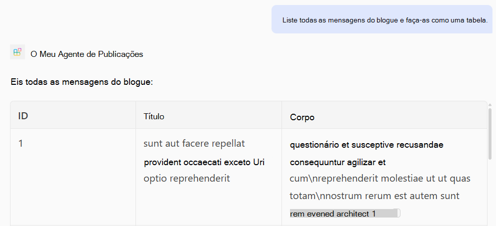 Uma captura de tela de uma resposta de um agente declarativo com base em novas operações GET