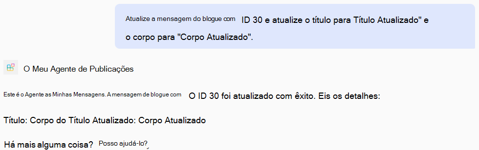 Uma captura de tela de uma resposta de um agente declarativo com base em operações PATCH