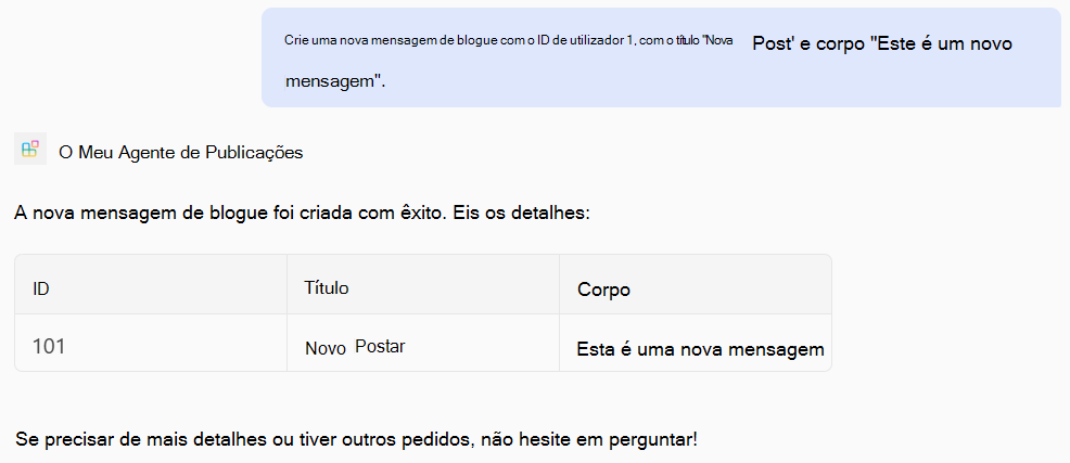 Uma captura de tela de uma resposta de um agente declarativo com base em operações POST