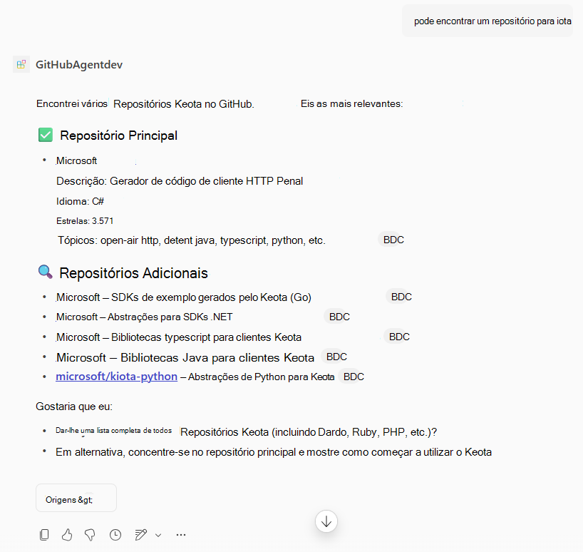 Uma captura de tela da resposta do agente a uma consulta de repositórios