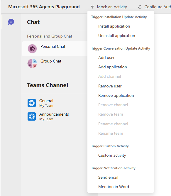Captura de ecrã que mostra a interface do Agents Playground com o menu Simular uma Atividade expandido, apresentando opções de Acionar Atividade de Notificação, incluindo Enviar e-mail e Mencionar no Word.