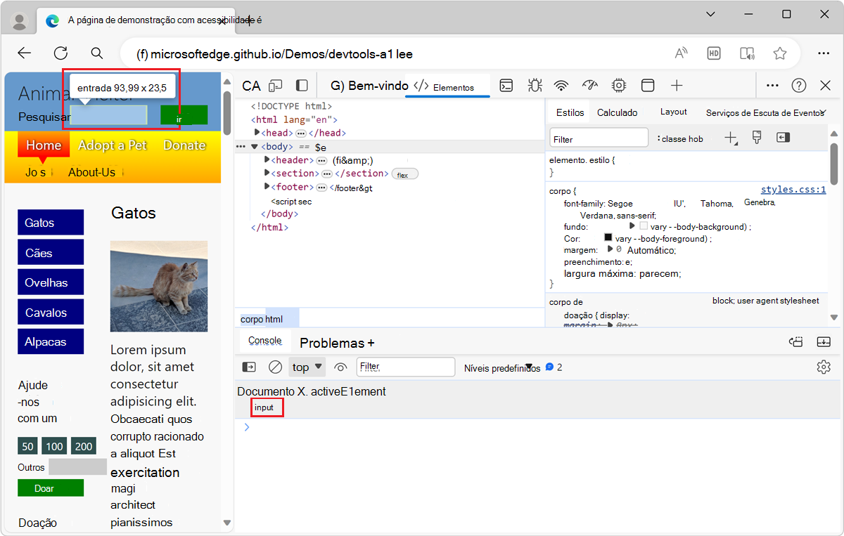 O elemento focado, realçado na página da Web renderizada