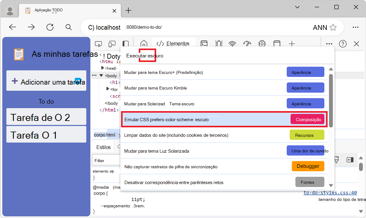 Emulando o modo escuro ou claro usando os comandos 'Renderização: Emular CSS prefers-color-scheme' no Menu de Comando