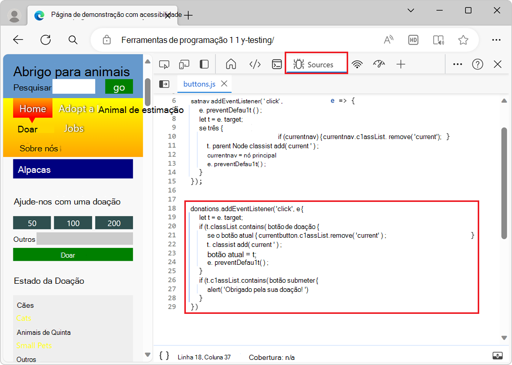 O JavaScript responsável pela funcionalidade do formulário de doação, mostrado na ferramenta Fontes