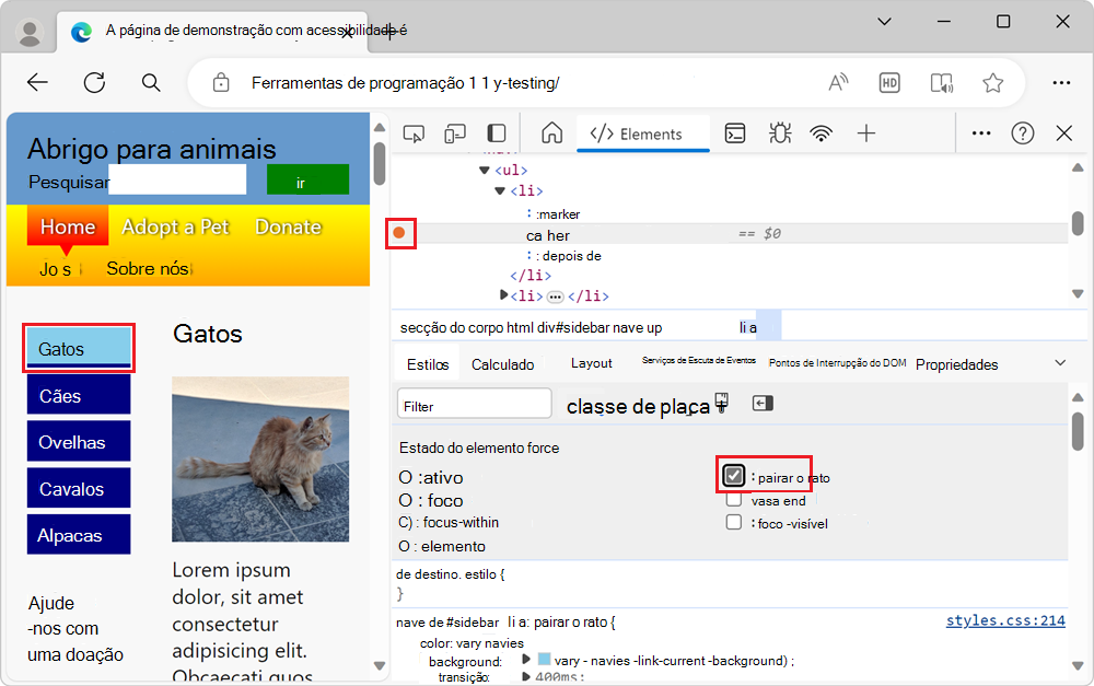 DevTools simulando um estado de foco