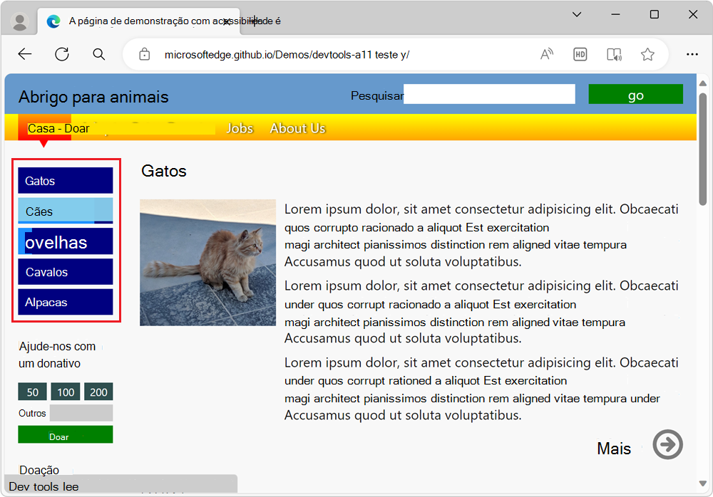 O item de menu mostrando cores diferentes quando o ponteiro do mouse está sobre ele