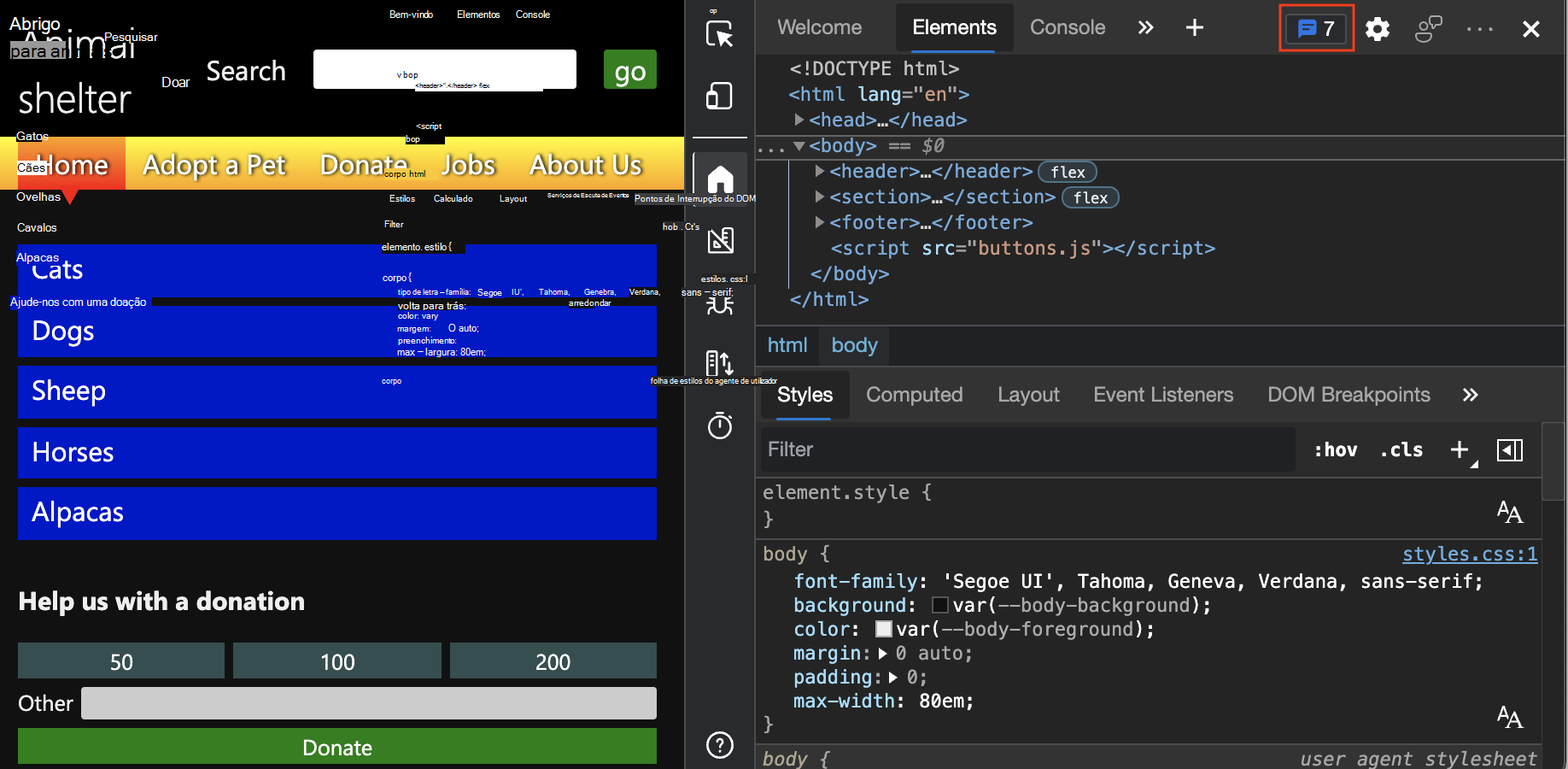 O contador Problemas no DevTools, indicando quantos problemas existem no documento atual
