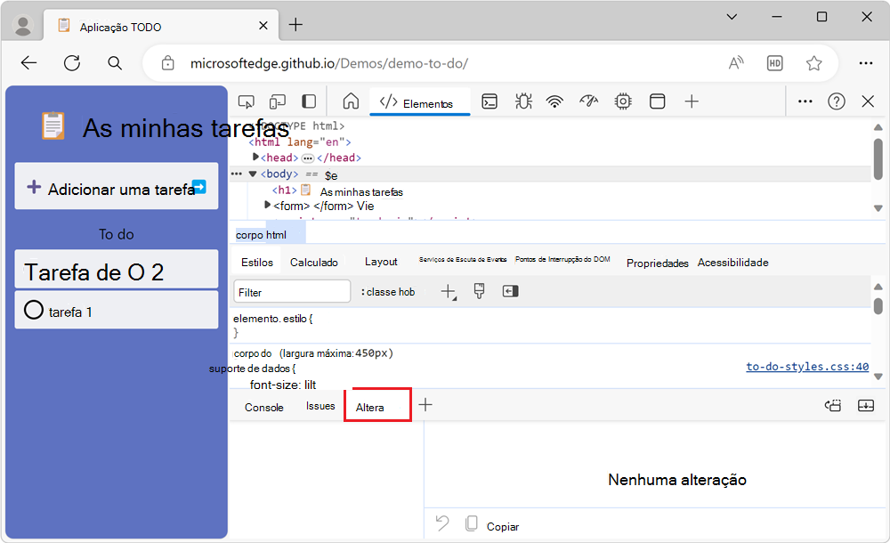 A ferramenta Alterações no painel Visualização Rápida