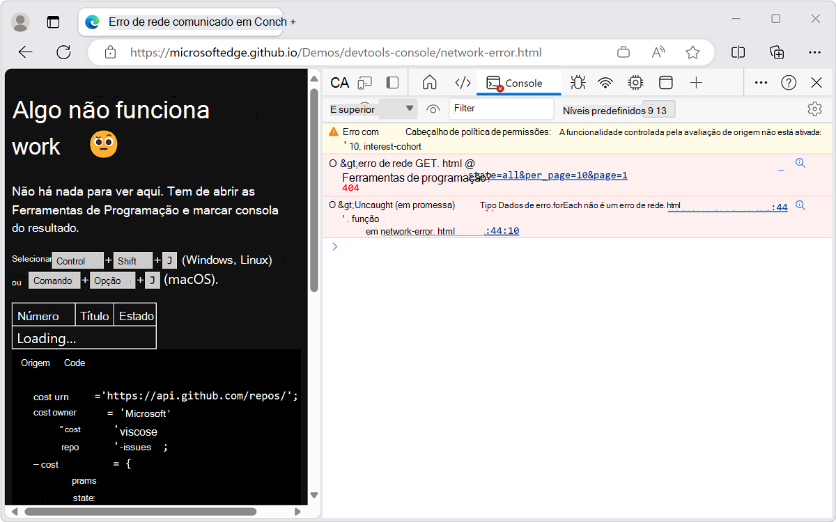O console exibe um erro de Rede e JavaScript