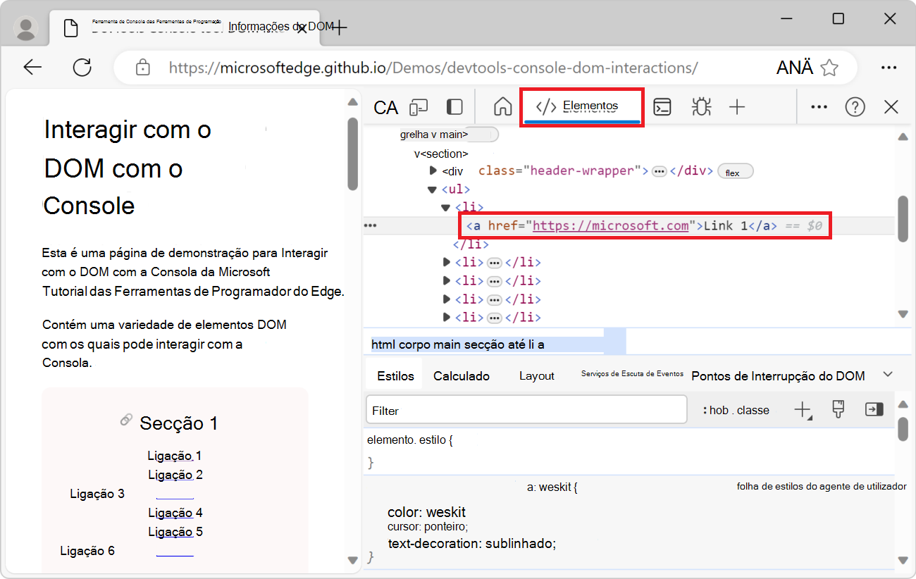 A ferramenta Elementos no DevTools, com o elemento de link selecionado