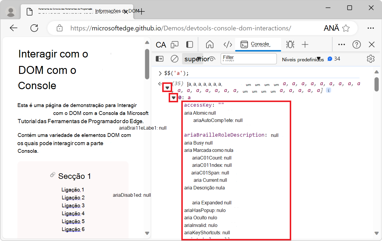 Expandindo o primeiro elemento da matriz, suas propriedades são exibidas