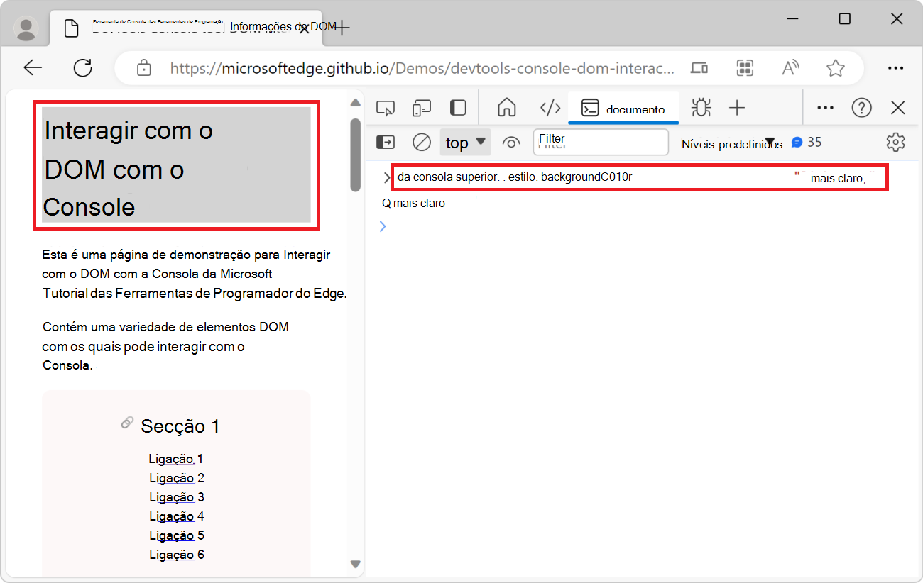 A ferramenta Console, mostrando o código JavaScript acima, e a página da Web mostrando o título cinza