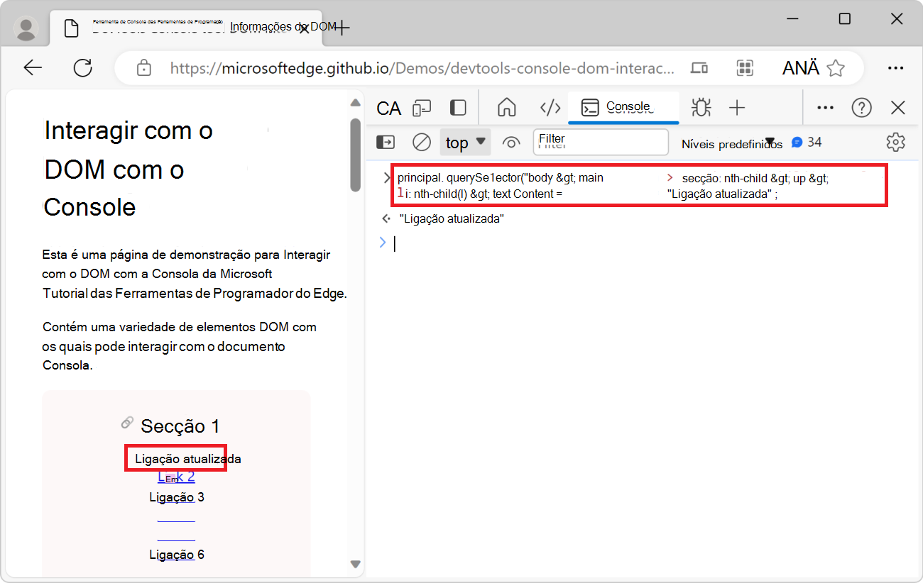 A ferramenta Console, com o caminho JS e a expressão textContent, e a página da Web, mostrando o texto atualizado do link