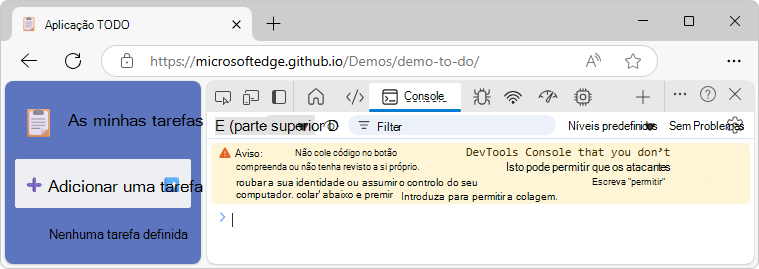 Console exibindo o aviso de auto-XSS