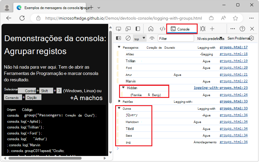 Cada grupo pode ser expandido e recolhido