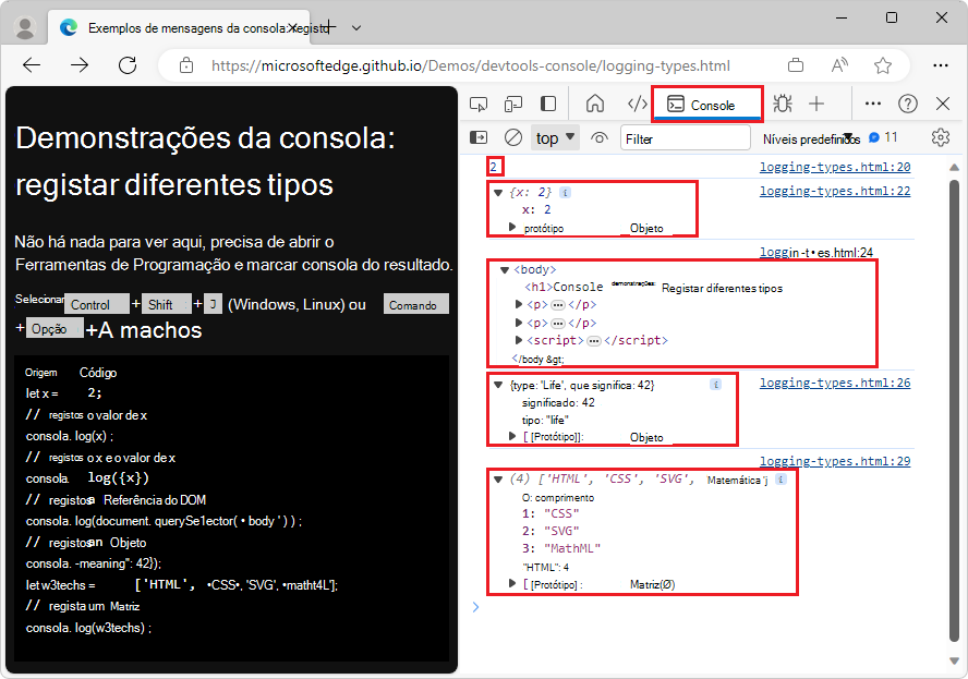 Registrar variáveis de diferentes tipos no console com informações extras expandidas