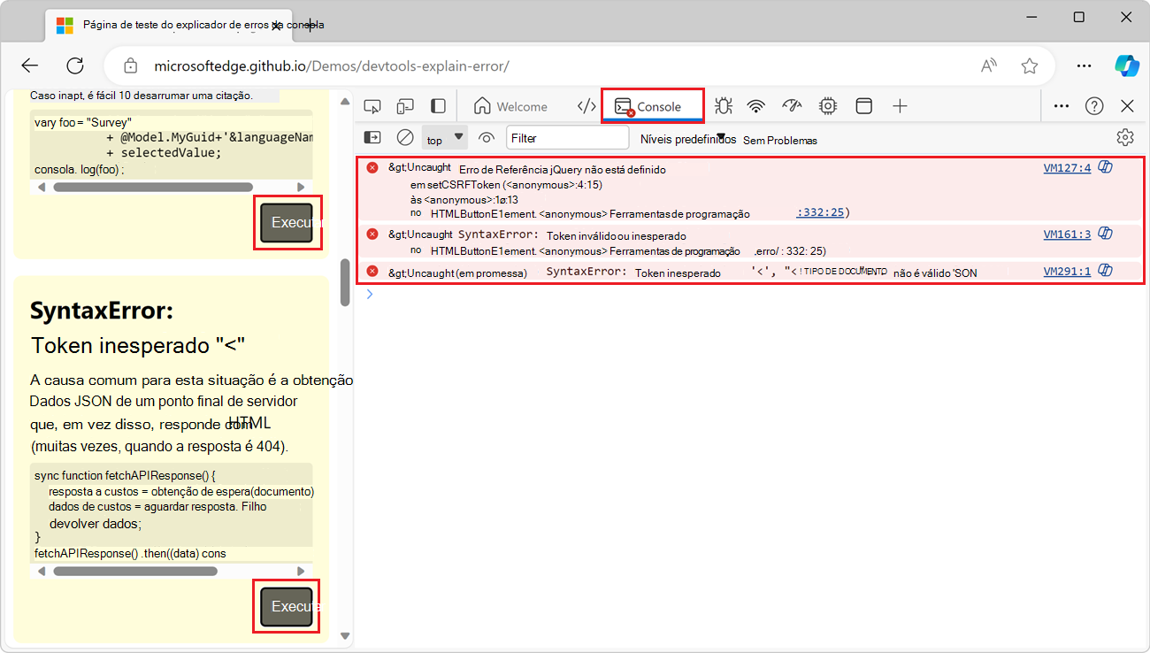 A página da Web de demonstração no Edge, com o Console do DevTools próximo a ela, mostrando algumas mensagens de erro
