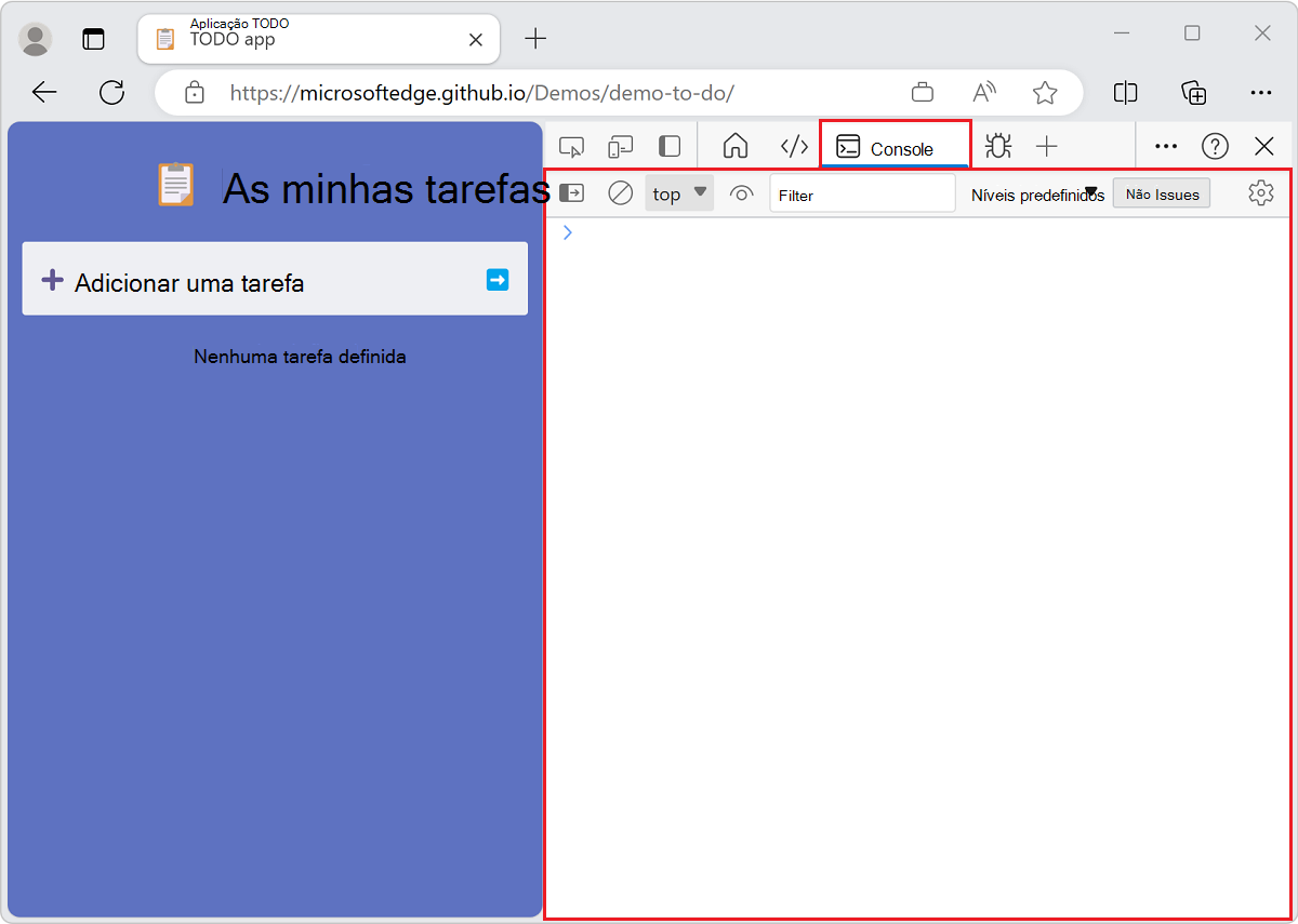 A ferramenta Console aberta no painel superior