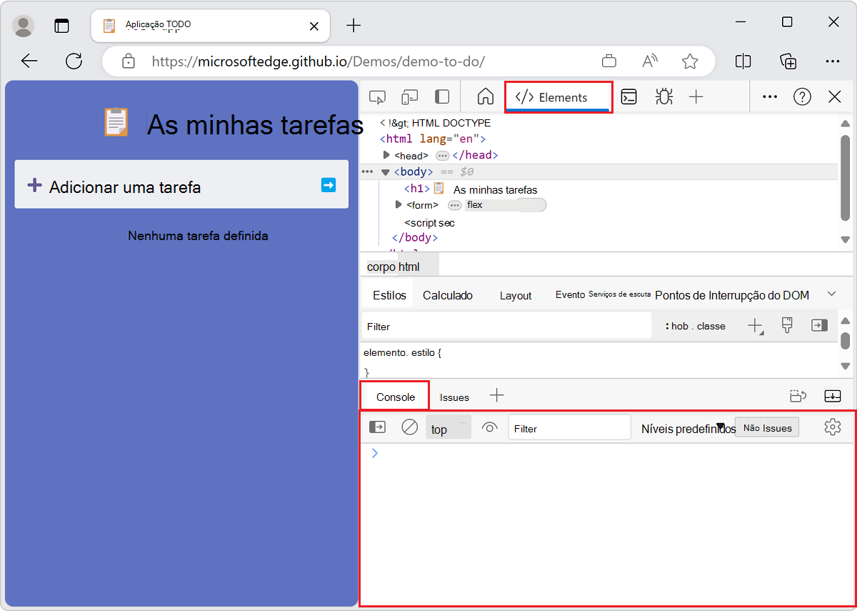 O Console no painel inferior com a ferramenta Elementos aberta acima dele