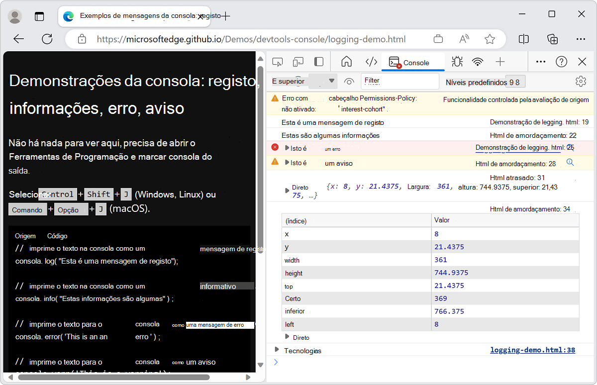 Console cheio de mensagens causadas pelo código de demonstração