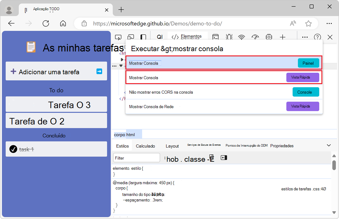 Execute o comando para exibir a ferramenta Console