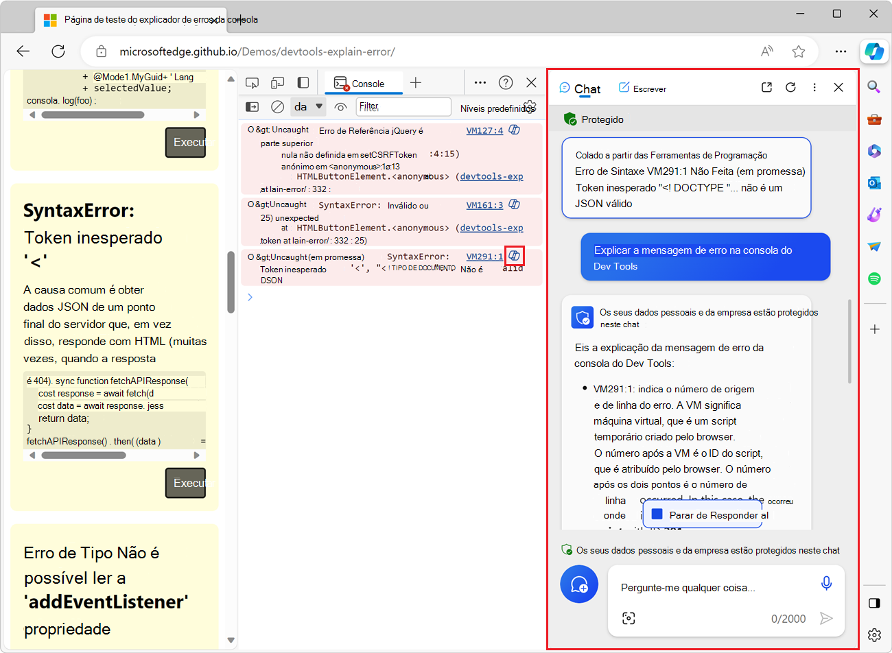 Copilot na barra lateral do Microsoft Edge, mostrando a mensagem de erro e a explicação.