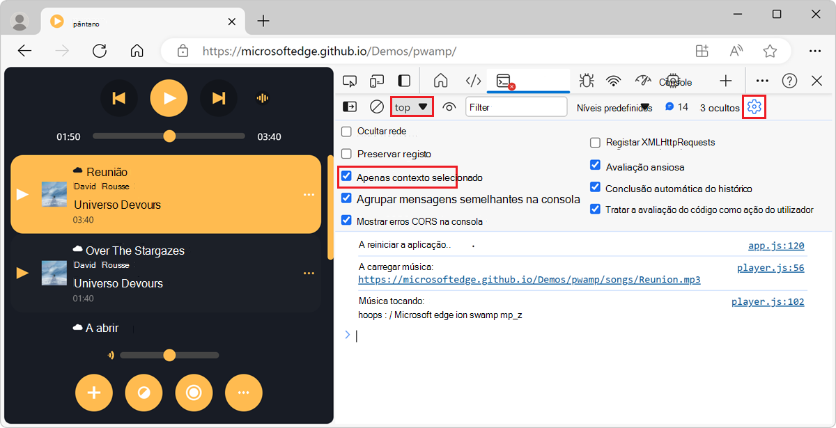 A lista suspensa de Contexto do JavaScript