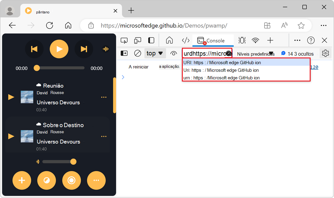 A lista suspensa da caixa de texto Filtro, mostrando URLs de script