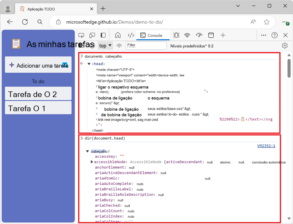 Registrar em log 'document.head' com a função 'dir()'