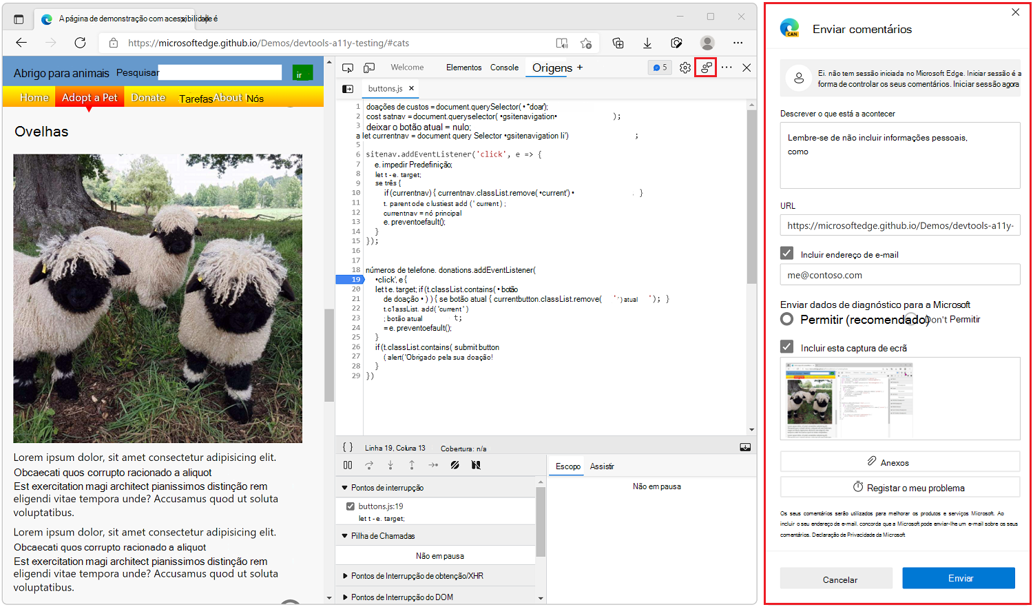 O botão Enviar comentários e a janela Enviar comentários no Microsoft Edge DevTools