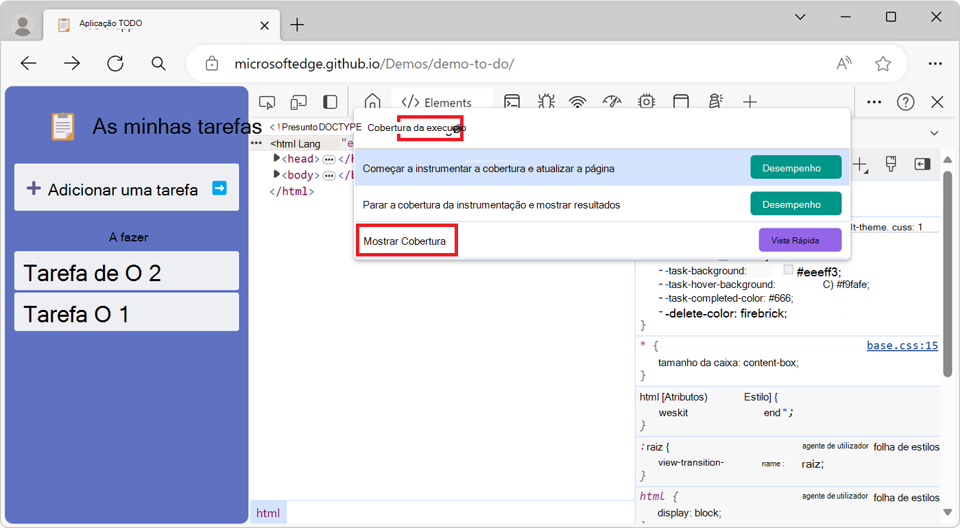 O pop-up Menu de Comando no DevTools, mostrando o comando Mostrar Cobertura