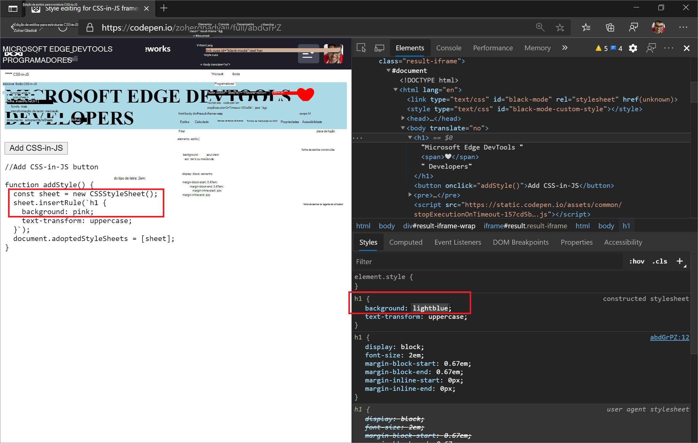 Alterando a propriedade de fundo dos estilos h1 adicionados com 'CSSStyleSheet' de 'rosa' para 'azul claro'