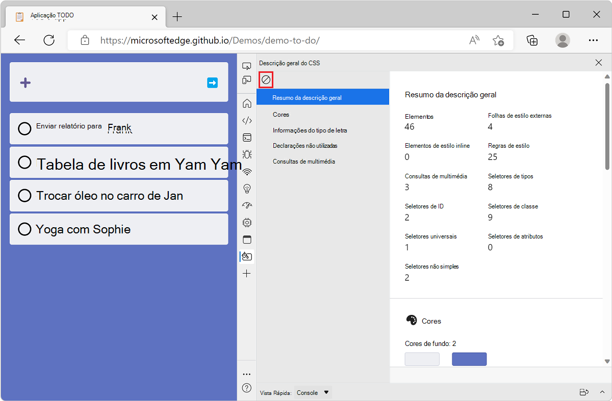 Microsoft Edge, com o aplicativo de demonstração da lista de tarefas pendentes e DevTools ao lado, mostrando um relatório de visão geral CSS com o botão Limpar visão geral na parte superior