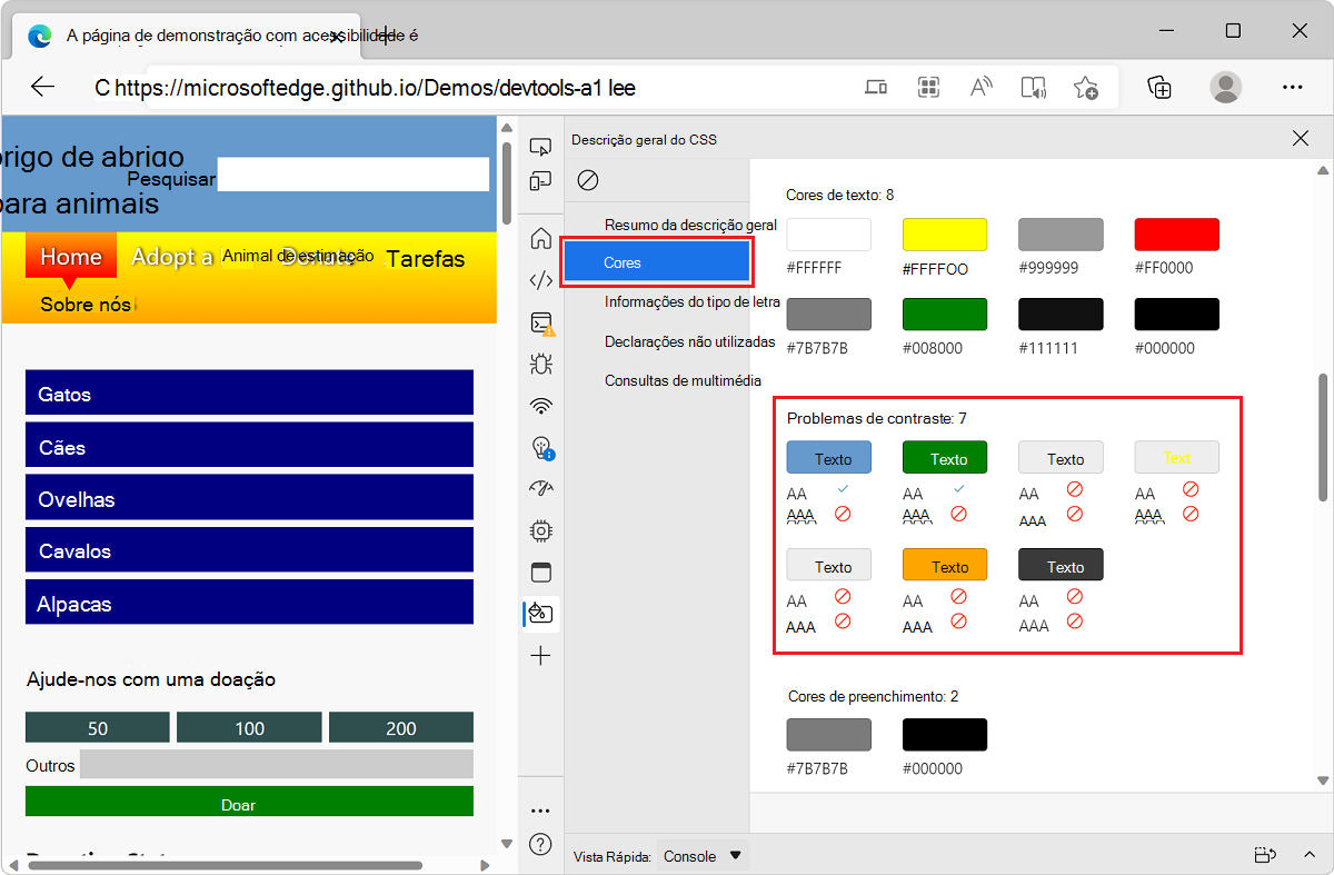 Microsoft Edge, com o aplicativo de demonstração de lista de tarefas pendentes e DevTools, mostrando uma lista de problemas de contraste no relatório de visão geral do CSS