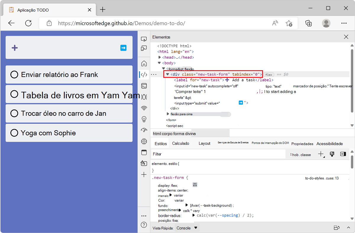 Microsoft Edge, com o aplicativo de demonstração da lista de tarefas pendentes e DevTools, mostrando a ferramenta Elementos, com o nó direito selecionado