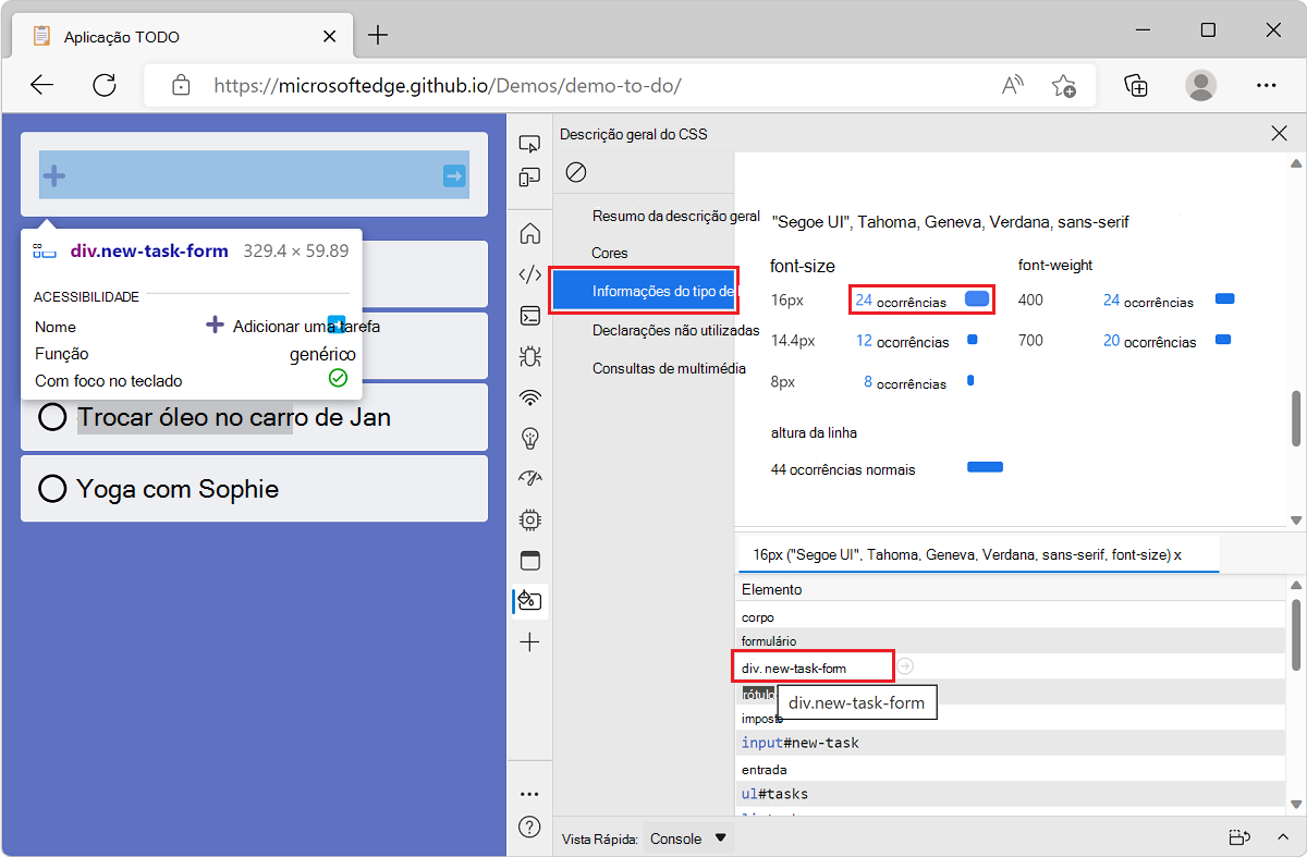 Microsoft Edge, com o aplicativo de demonstração de lista de tarefas pendentes e DevTools, mostrando a lista de elementos para um determinado tamanho de fonte e um elemento realçado ao focalizar