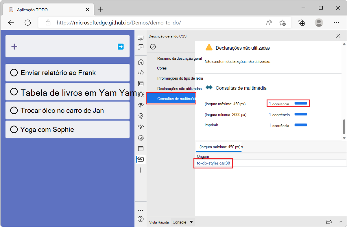 Microsoft Edge, com o aplicativo de demonstração de lista de tarefas pendentes e DevTools, mostrando a seção de consultas de mídia da ferramenta Visão geral e a lista de arquivos que contêm uma determinada consulta de mídia