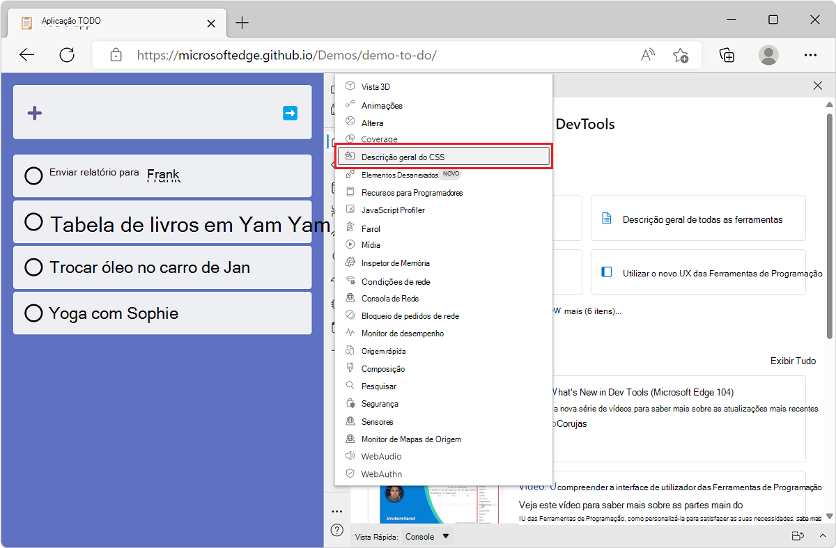 Microsoft Edge, com o aplicativo de demonstração da lista de tarefas pendentes e DevTools ao lado, mostrando a lista de ferramentas do botão Mais Ferramentas