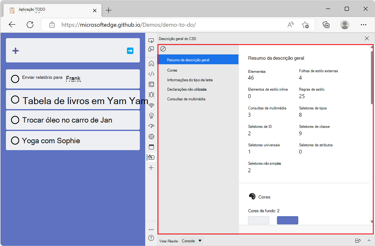 Microsoft Edge, com o aplicativo de demonstração da lista de tarefas pendentes e DevTools ao lado, mostrando o relatório de visão geral do CSS para esse site
