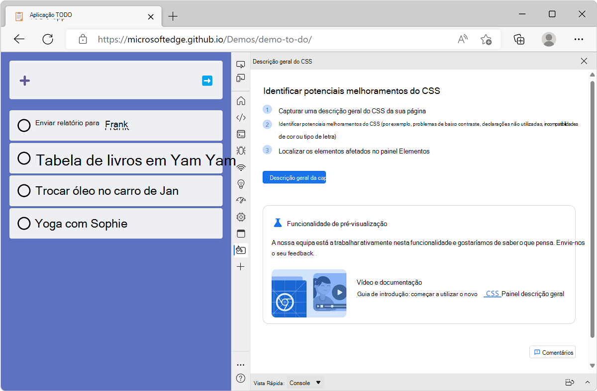 O Microsoft Edge, com o aplicativo de demonstração da lista de tarefas pendentes e o DevTools ao lado, mostrando a tela de boas-vindas da visão geral do CSS