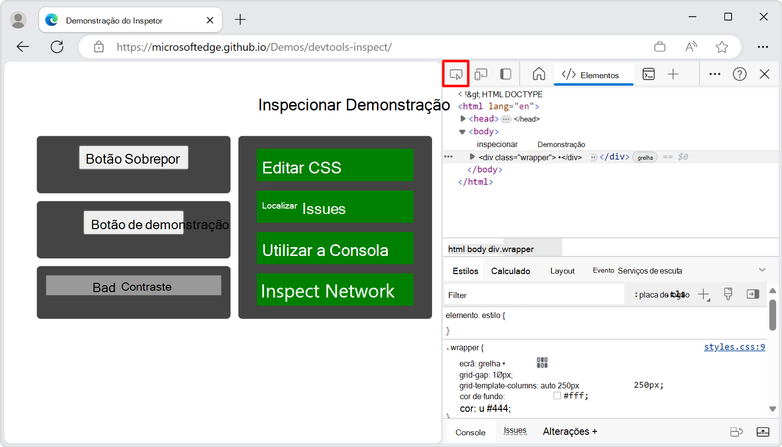 O botão da ferramenta Inspecionar no canto superior esquerdo do DevTools