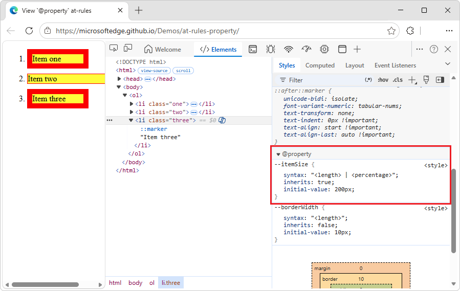 --itemSize na seção na propriedade