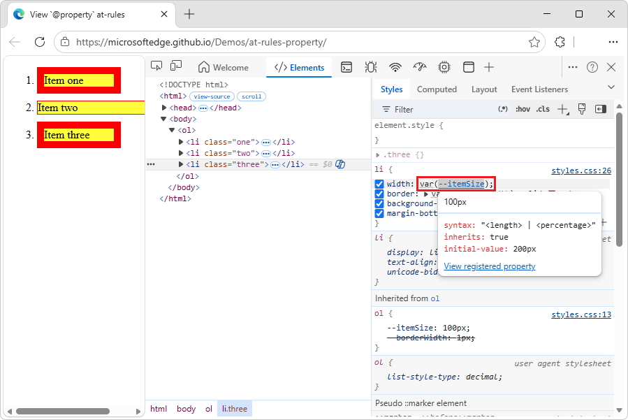Dica de ferramenta para o CSS at-rule at-property