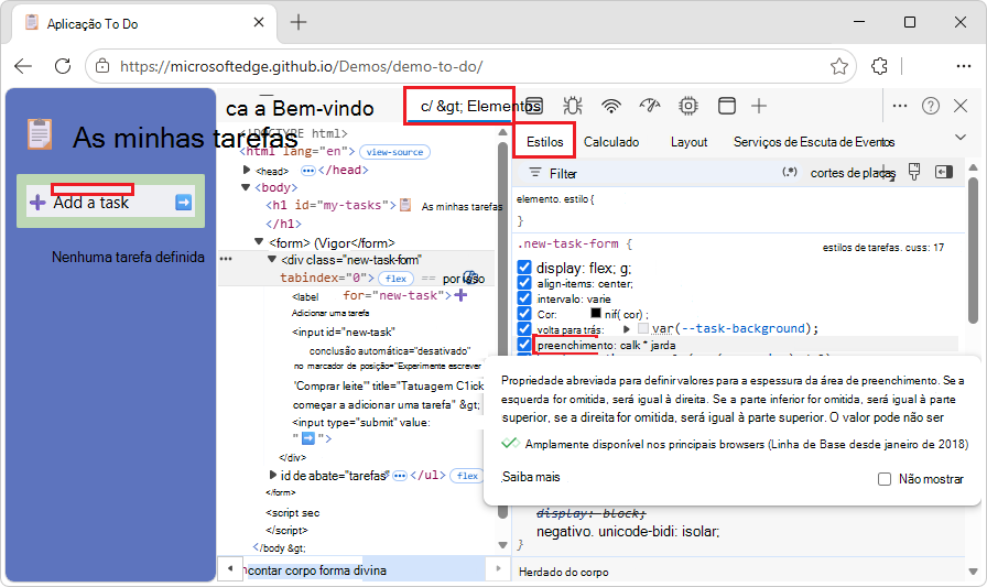 A dica de ferramenta com documentação em uma propriedade CSS